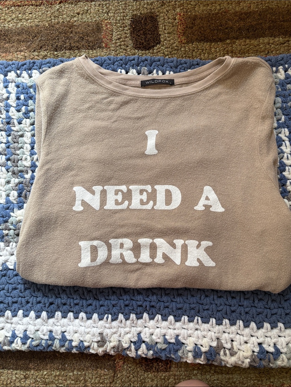 Wildfox Taupe Pullover with White 'I NEED A DRINK' Graphic